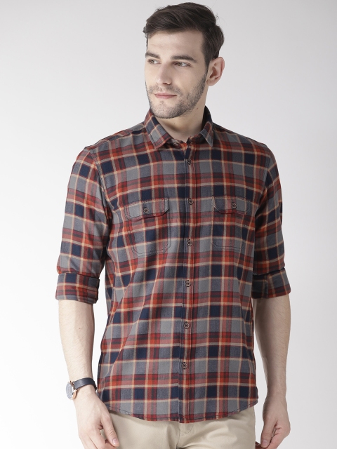 

Richlook Men Grey & Rust Red Slim Fit Checked Casual Shirt
