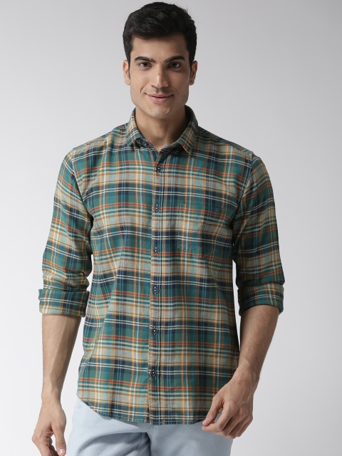 

Richlook Men Teal Green & Mustard Yellow Slim Fit Checked Casual Shirt