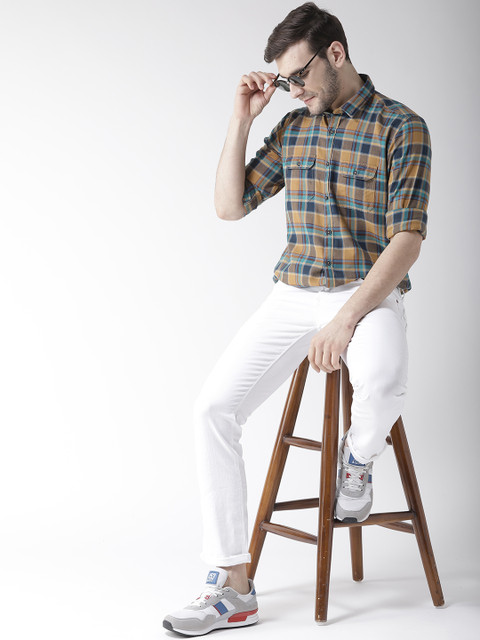 

Richlook Men Mustard Brown & Green Slim Fit Checked Casual Shirt