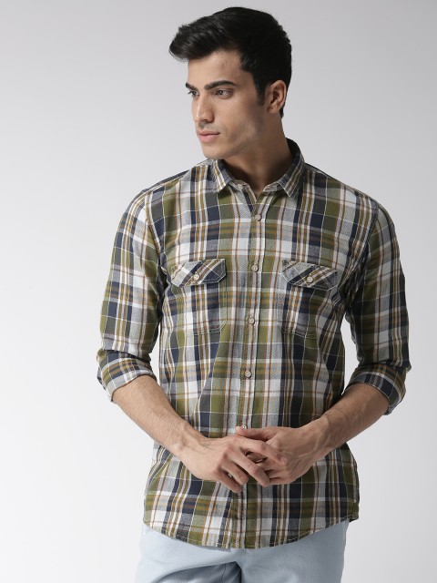 

Richlook Men Olive Green & Navy Blue Slim Fit Checked Casual Shirt