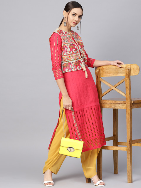 

Ishin Women Pink Embroidered Straight Kurta with Ethnic Jacket
