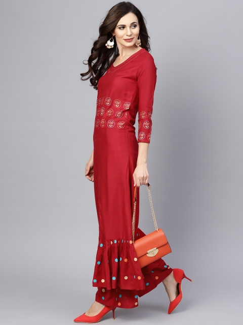 

Ishin Women Red Printed Kurta with Palazzos