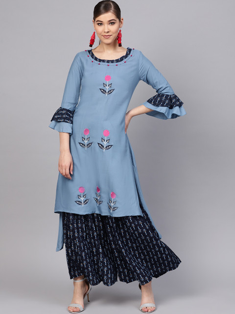 

Ishin Women Blue Embroidered Kurta with Sharara