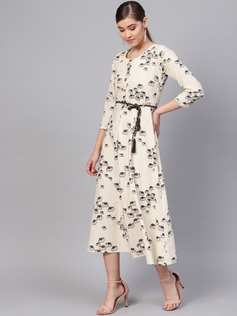 

Ishin Women Off-White Printed Midi A-Line Dress