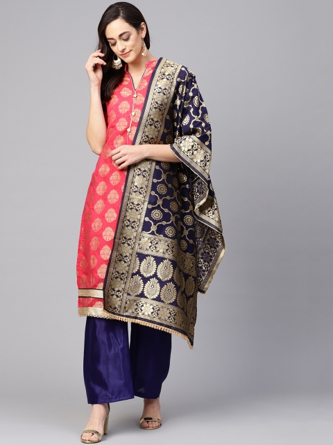 

Ishin Coral Red & Navy Blue Woven Design Unstitched Dress Material, Pink
