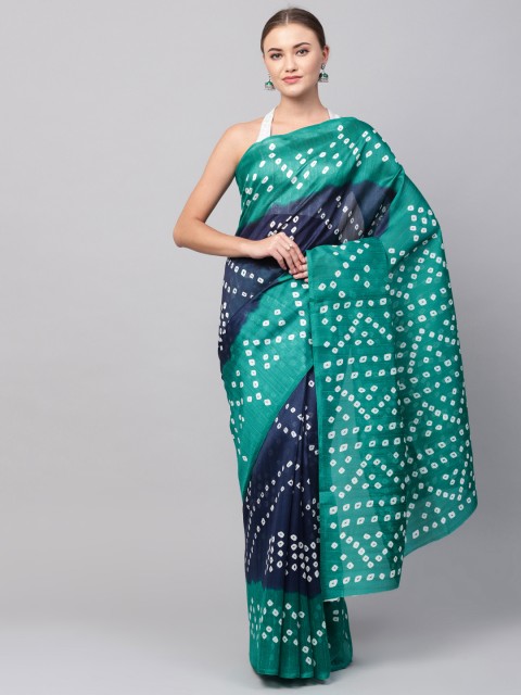 

Ishin Navy Blue & Green Bandhani Print Saree