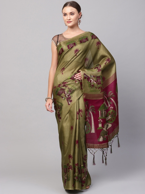 

KALINI Olive Green Printed Poly Silk Saree