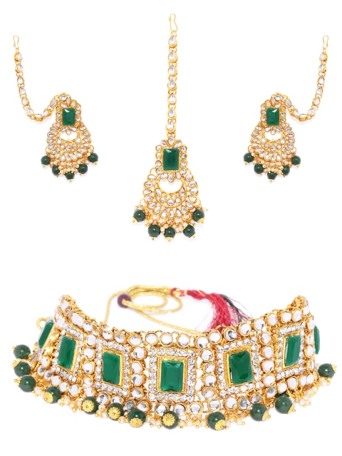 

Alamod Gold-Plated & Green Kundan Studded Jewellery Set