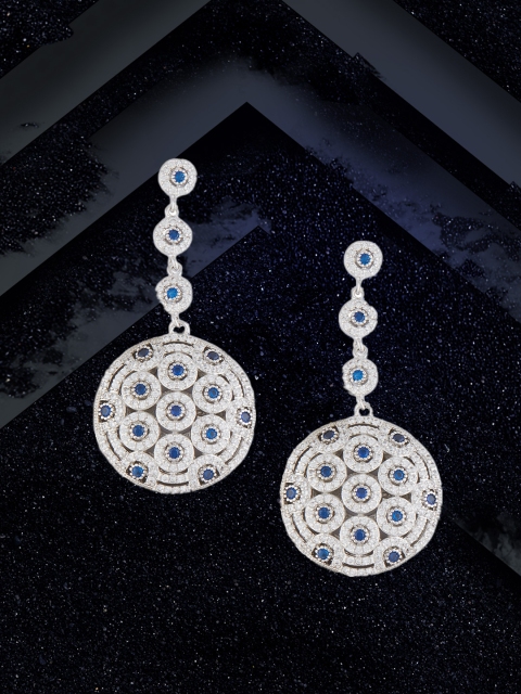 

shaze Blue & White Rhodium-Plated Antique Crystals Circular Drop Earrings