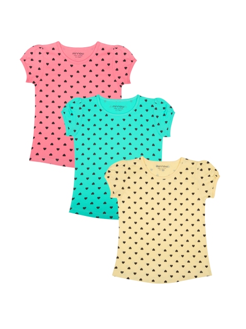 

minnow Girls Pack of 3 Printed Round Neck Pure Cotton T-shirts, Yellow