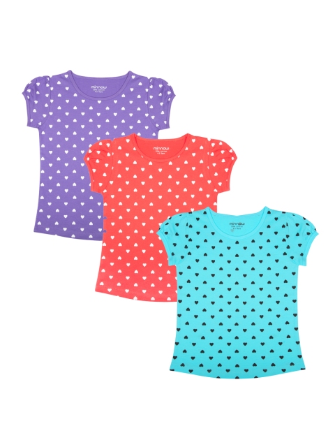 

minnow Girls Pack of 3 Printed Round Neck Pure Cotton T-shirts, Turquoise blue