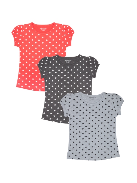 

minnow Girls Pack of 3 Printed Round Neck Pure Cotton T-shirts, Grey