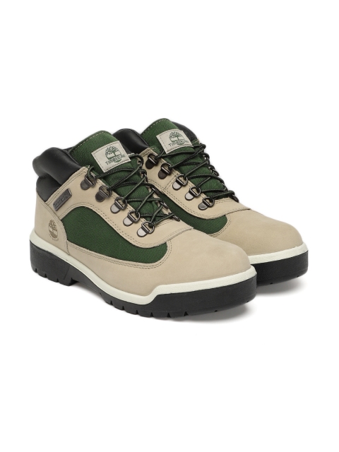 

Timberland Men Beige Colourblocked Leather Mid-Top FIELD Flat Boots