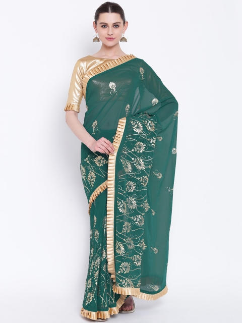 

Kvsfab Green Foil Print Poly Georgette Saree