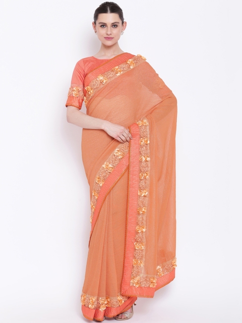 

Kvsfab Peach-Coloured Embellished Poly Georgette Saree