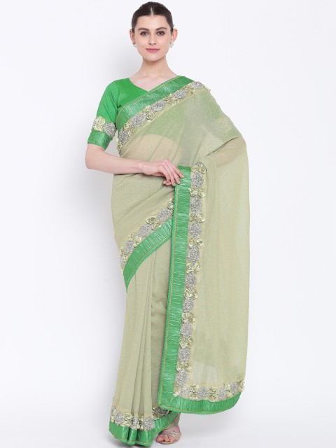 

Kvsfab Green Solid Poly Georgette Ribbon Work Saree