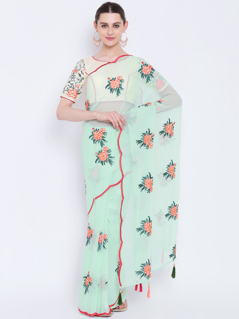 

Kvsfab Sea Green Embroidered Poly Georgette Saree