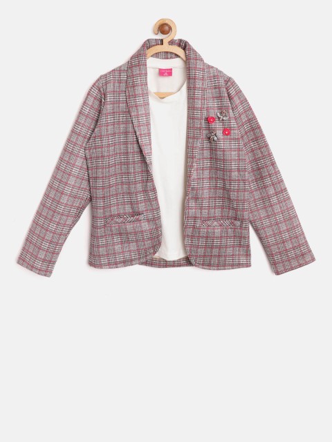 

Tiny Girl Pink & Brown Checked Front-Open Blazer with T-shirt
