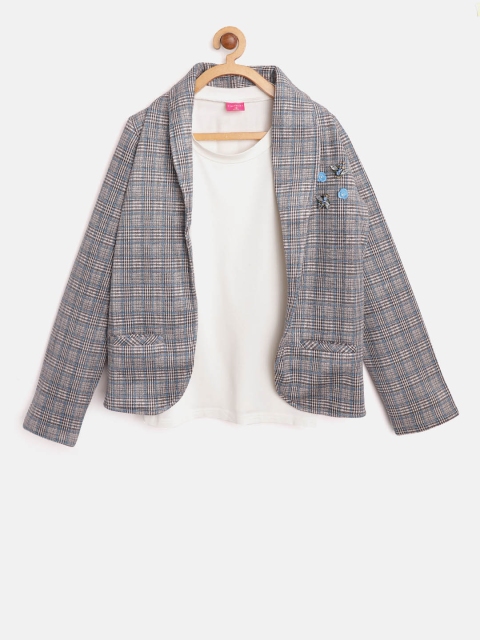 

Tiny Girl Grey & Blue Checked Front-Open Blazer with T-shirt