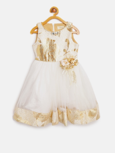 

Tiny Girl Off-White & Golden Self Design Net Fit and Flare Dress with Brooch