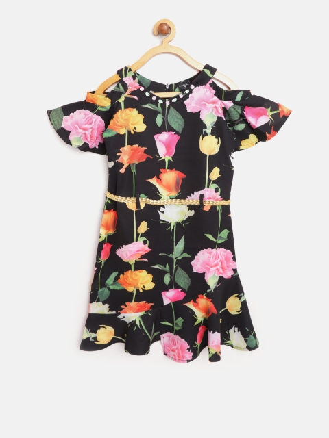 

Tiny Girl Black & Pink Floral Print A-Line Dress with Belt