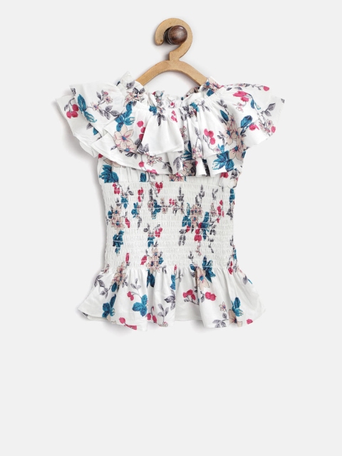 

Tiny Girl White & Blue Floral Print Bardot Top