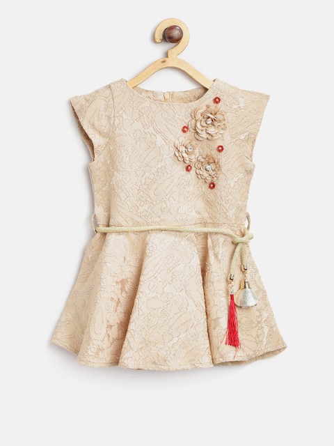 

Tiny Girl Beige Self Design Fit and Flare Dress