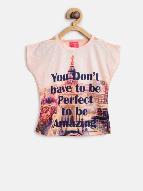 

Tiny Girl Peach-Coloured & Navy Blue Printed Top with Cut-Out Detail