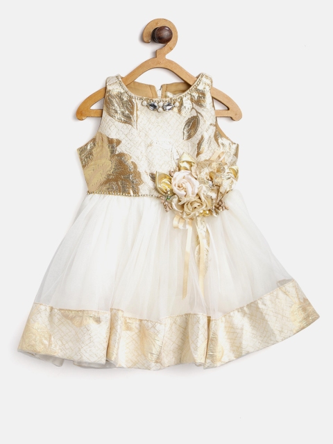 

Tiny Girl Off-White & Golden Self-Design Fit & Flare Dress
