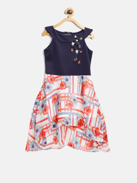 

Tiny Girl Navy Blue & Red Printed Fit and Flare Dress