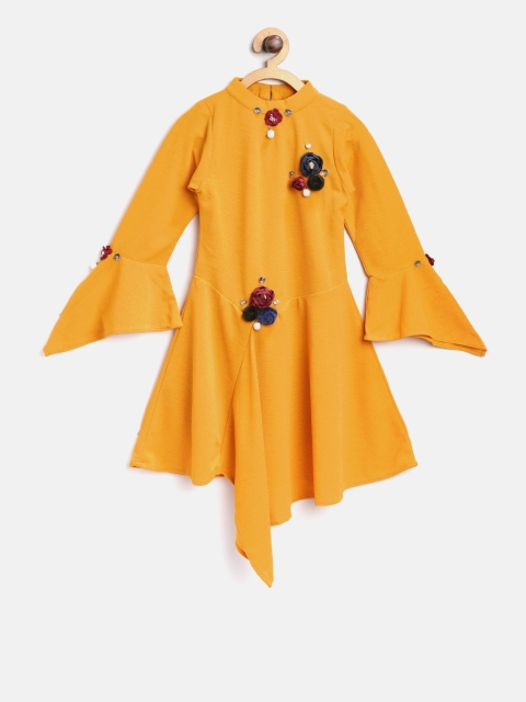 

Tiny Girl Girls Mustard Yellow Solid A-Line Dress with Applique Detail