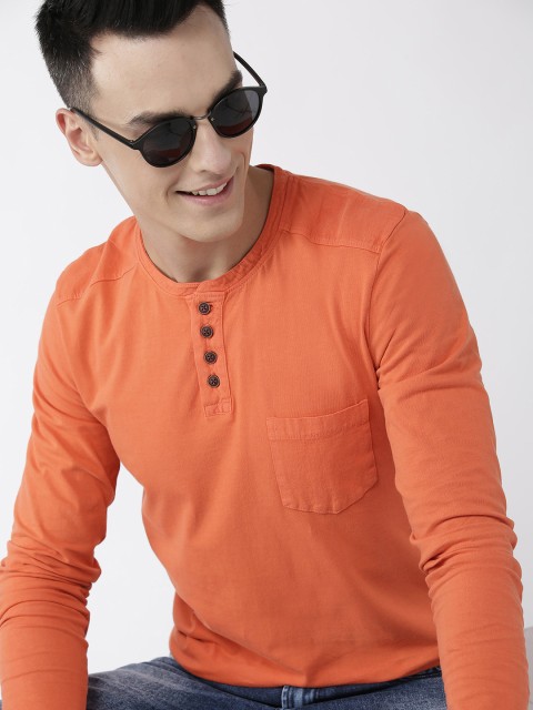 

Mast & Harbour Men Orange Solid Henley Neck T-shirt