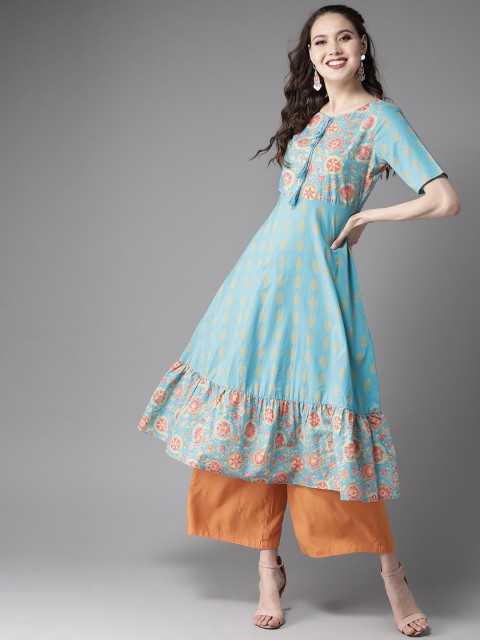 

HERE&NOW Women Blue & Mustard Yellow Printed A-Line Kurta