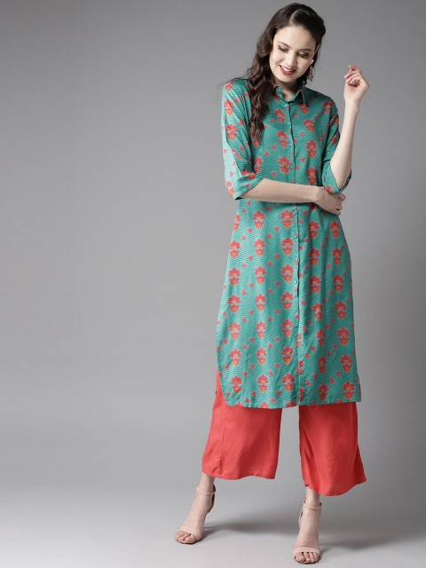 

HERE&NOW Women Green & Pink Printed Straight Kurta