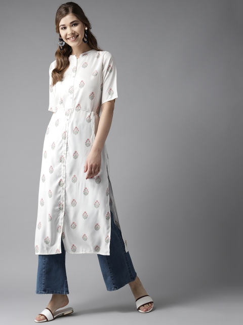 

HERE&NOW Women White & Green Printed Straight Kurta