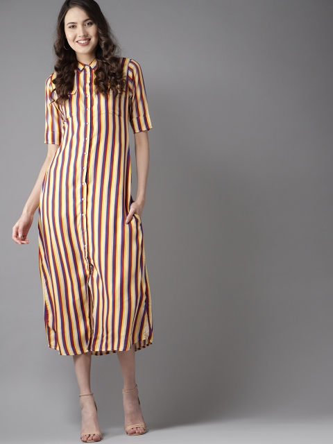 

HERE&NOW Women Yellow & Red Striped Shirt Dress