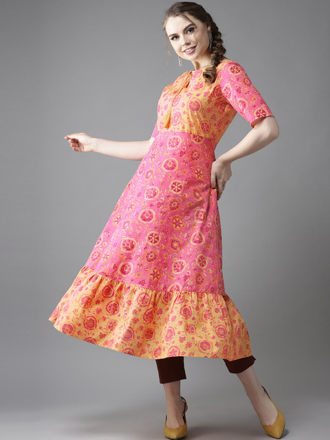 

HERE&NOW Women Pink & Yellow Printed A-Line Kurta