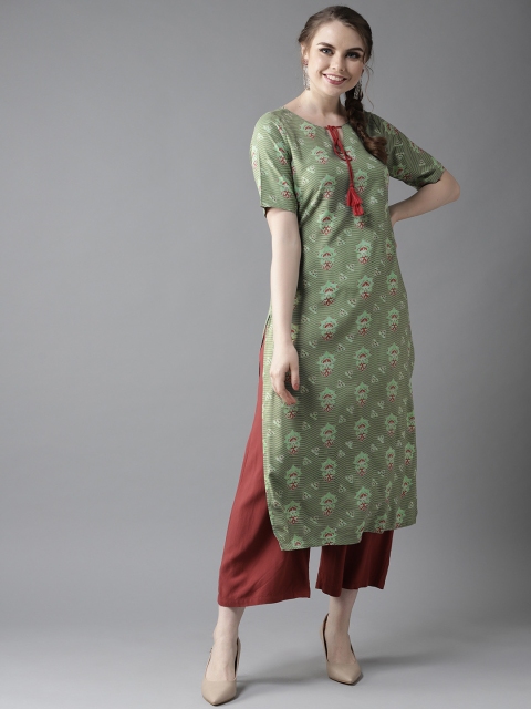 

HERE&NOW Women Green & Red Printed Straight Kurta
