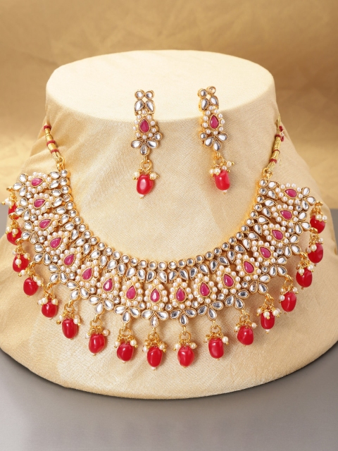 

damani Red & Off-White Gold-Plated Stone-Studded Jewellery Set