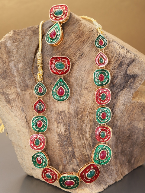 

damani Red & Green Gold-Plated Enamelled Stone-Studded Jewellery Set