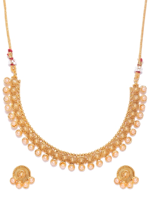 

damani Peach-Coloured Antique Gold-Plated Textured Jewellery Set