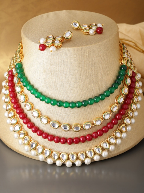 

damani Green & Pink Gold-Plated Stone-Studded Layered Jewellery Set