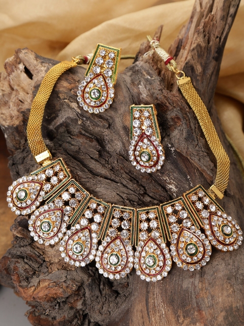 

damani Red & Green Gold-Plated Stone-Studded Enamelled Jewellery Set