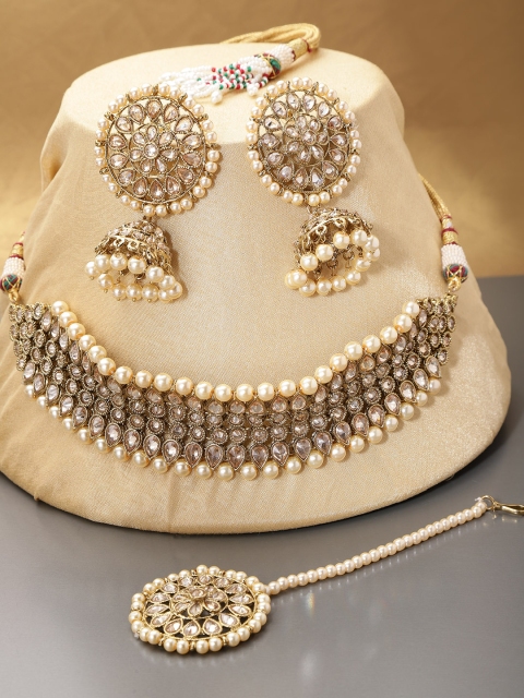 

damani Off-White Antique Gold-Plated Stone-Studded Jewellery Set