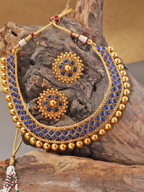 

damani Navy Blue Gold-Plated Stone-Studded Jewellery Set