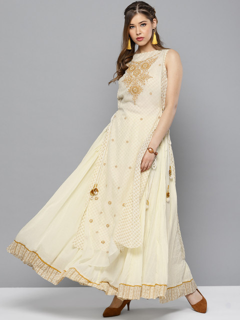 

Ritu Kumar Women Off-White & Beige Printed Kurta with Skirt