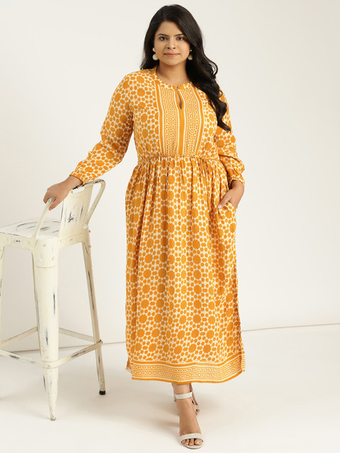 

Sztori Plus Size Women Mustard Yellow Beige Printed Maxi Dress