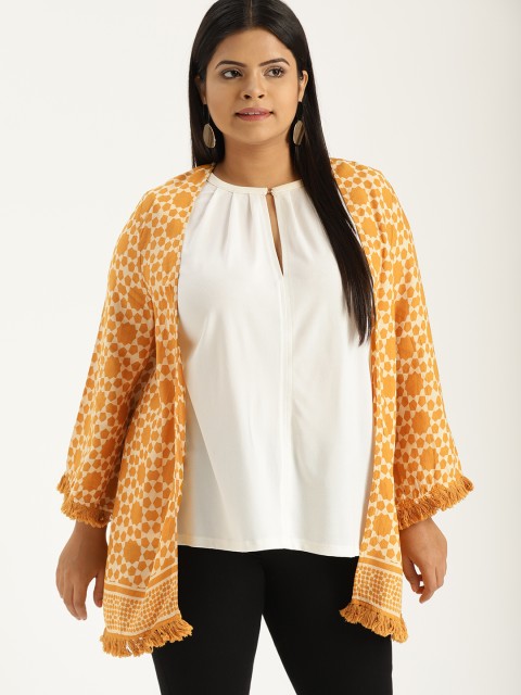 

Sztori Plus Size Women Mustard Yellow Cream-Coloured Printed Open Front Shrug