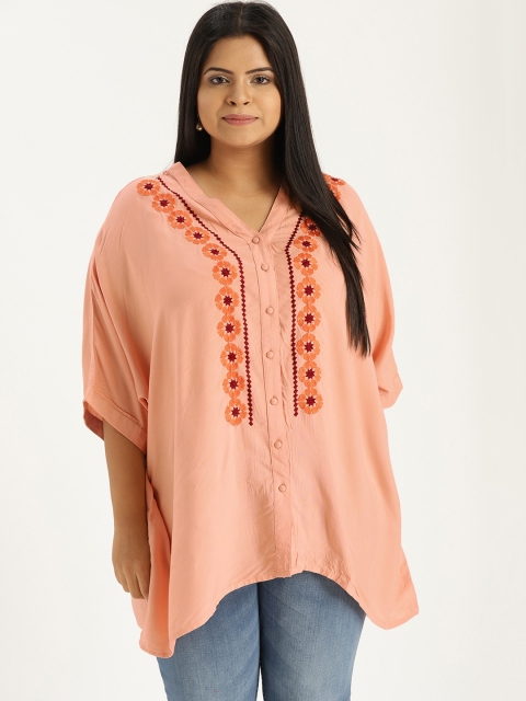 

Sztori Plus Size Women Peach-Coloured Embroidered Boxy Top