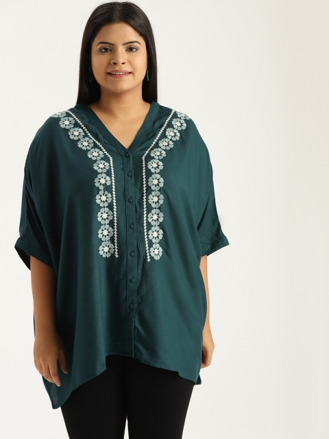

Sztori Plus Size Women Teal Green Embroidered Boxy Top
